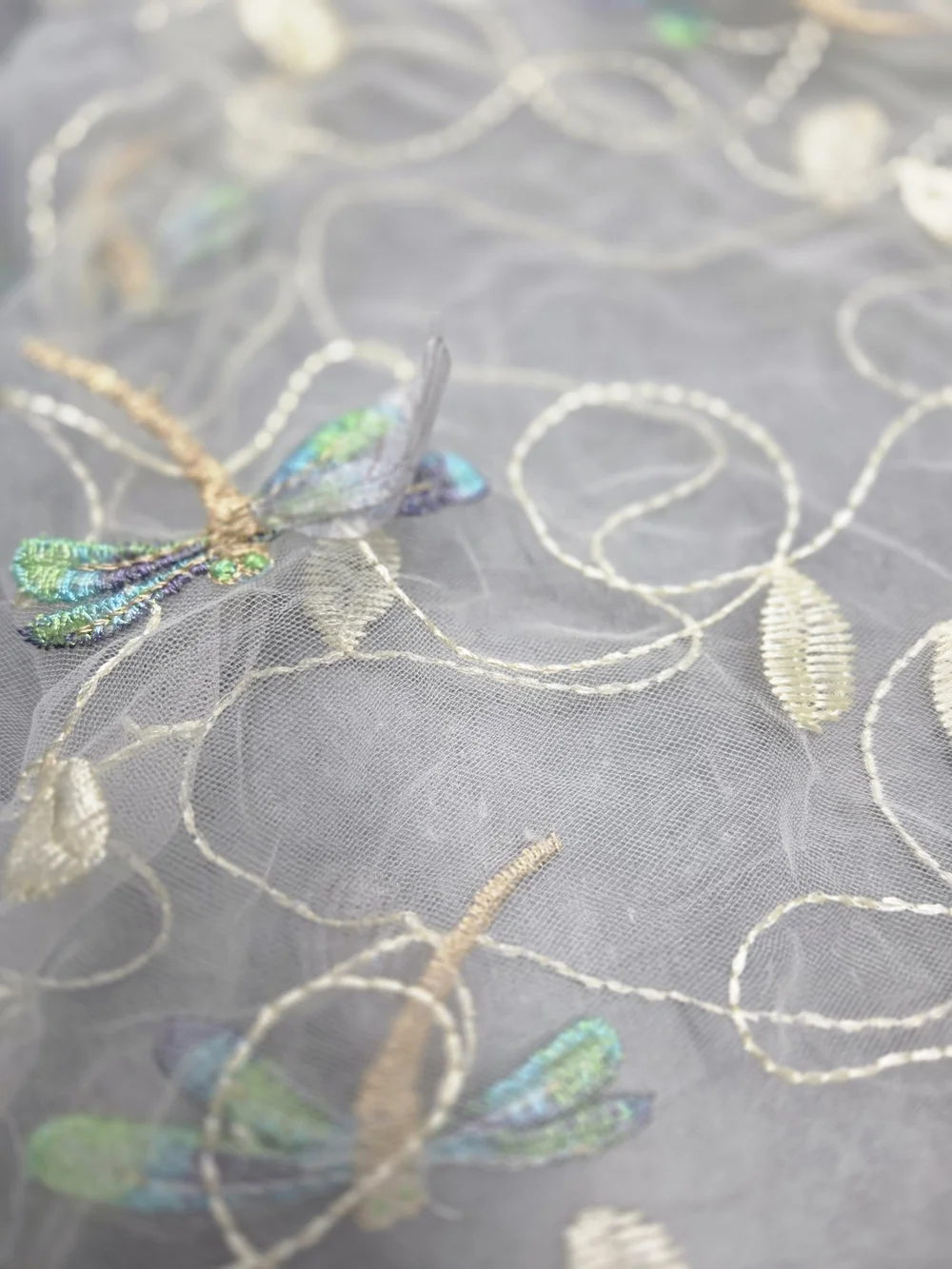 Delicate Cream Embroidered Sheer Tulle W/3D Dragonflies